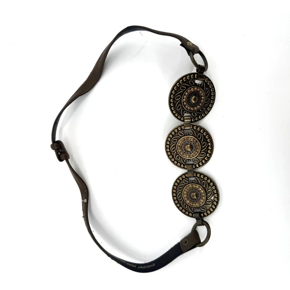 Chicos Belt Brown Leather Bronze Ornate Medallion Rhinestone Boho Statement SM